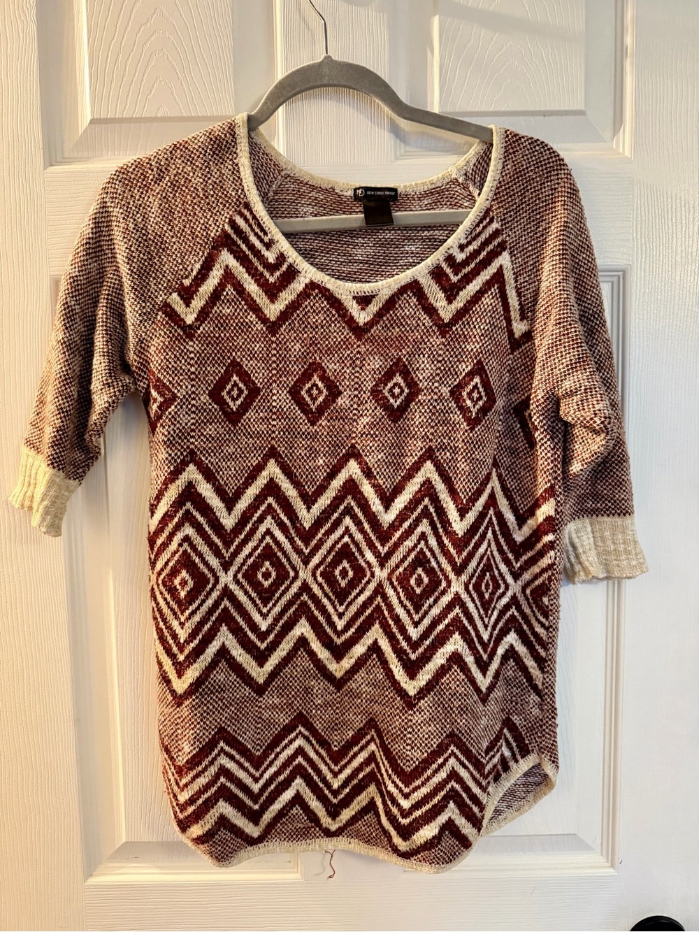 new directions Burgundy & Cream Geometric Scoop-Neck Sweater